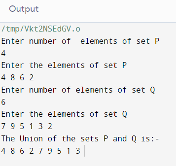 C PROGRAM FOR UNION OF SETS