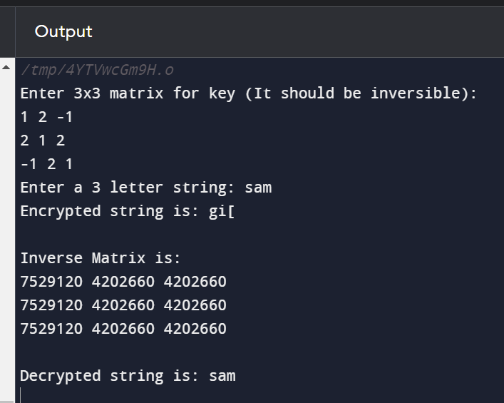 Hill Cipher program in C