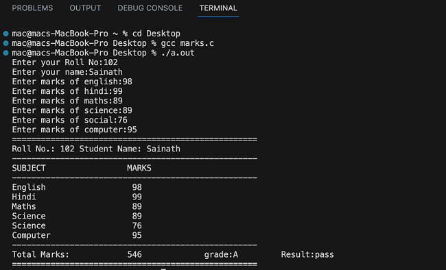 Marksheet program in C