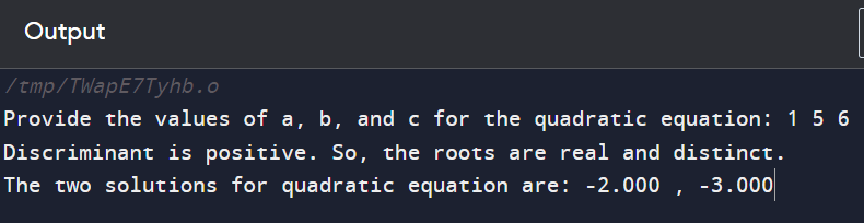 QUADRATIC EQUATION IN C