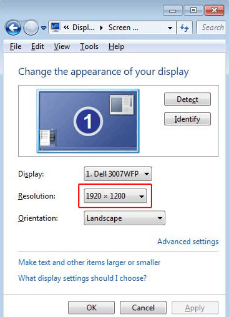 How to view or change the screen resolution of a monitor