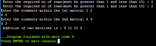 Addition of two matrices in C++