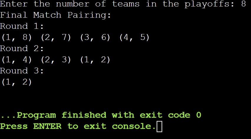 Final NBA Match pairing in C++/>
<!-- /wp:html -->

<!-- wp:html -->
<div class=