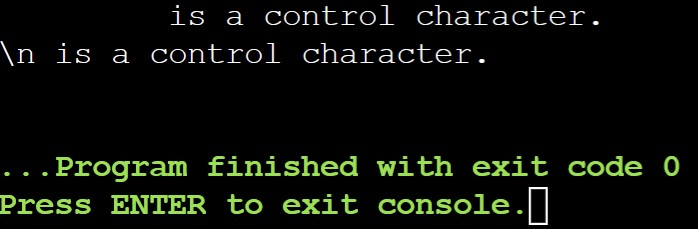 Iscntrl in C++/>
<!-- /wp:html -->

<!-- wp:paragraph -->
<p><strong>Explanation:</strong></p>
<!-- /wp:paragraph -->

<!-- wp:paragraph -->
<p>As expected, the <strong><em>tab</em></strong> and <strong><em>newline</em></strong> characters are identified as control characters, while the alphabet character is not.</p>
<!-- /wp:paragraph -->

<!-- wp:heading -->
<h2 class=