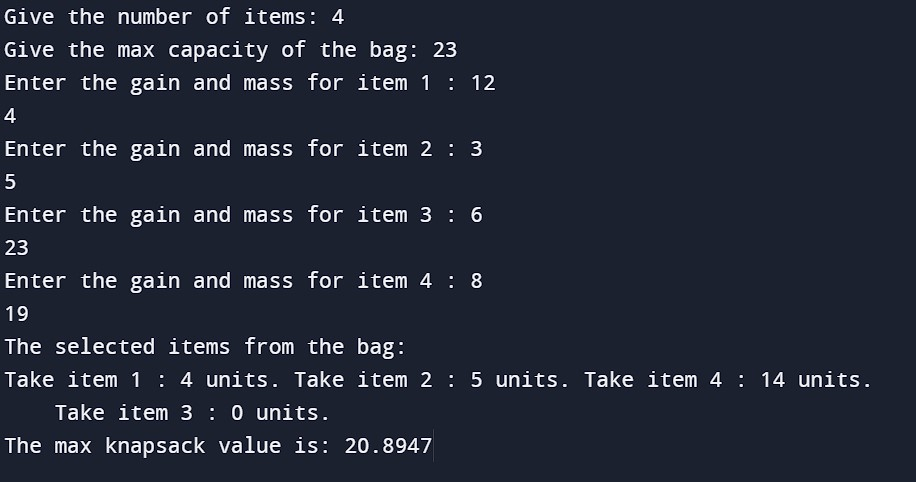 Knapsack Problem in C++