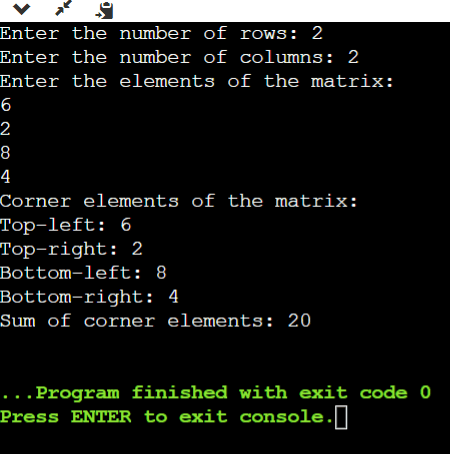 Print the Corner Elements and their Sum in a 2-D Matrix in C++