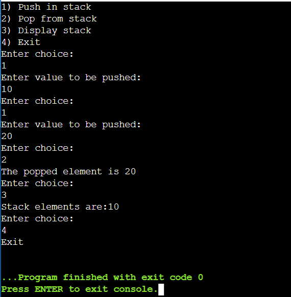 STACK USING PUSH POP PROGRAMME IN C++