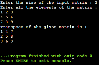 Transpose of a Matrix in C++ language