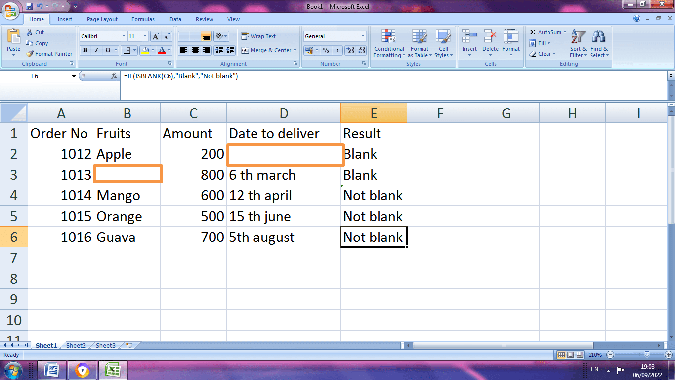 Excel Blank cells