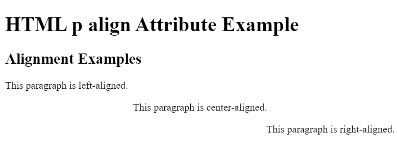 HTML Align Tag/>
<!-- /wp:html -->

<!-- wp:paragraph -->
<p><strong>Example 2:</strong></p>
<!-- /wp:paragraph -->

<!-- wp:preformatted -->
<pre class=