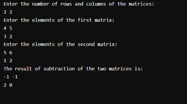 Java Program to subtract the two matrices