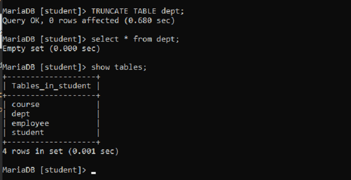 MariaDB- Drop and Truncate Table
